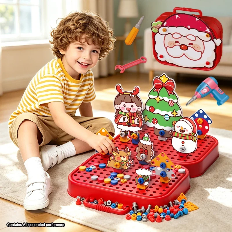 Christmas Holiday Diy Toolbox with Electric Screwdriver Toy Set Pretend Play Creative Game Educational Birthday Holiday Gifts