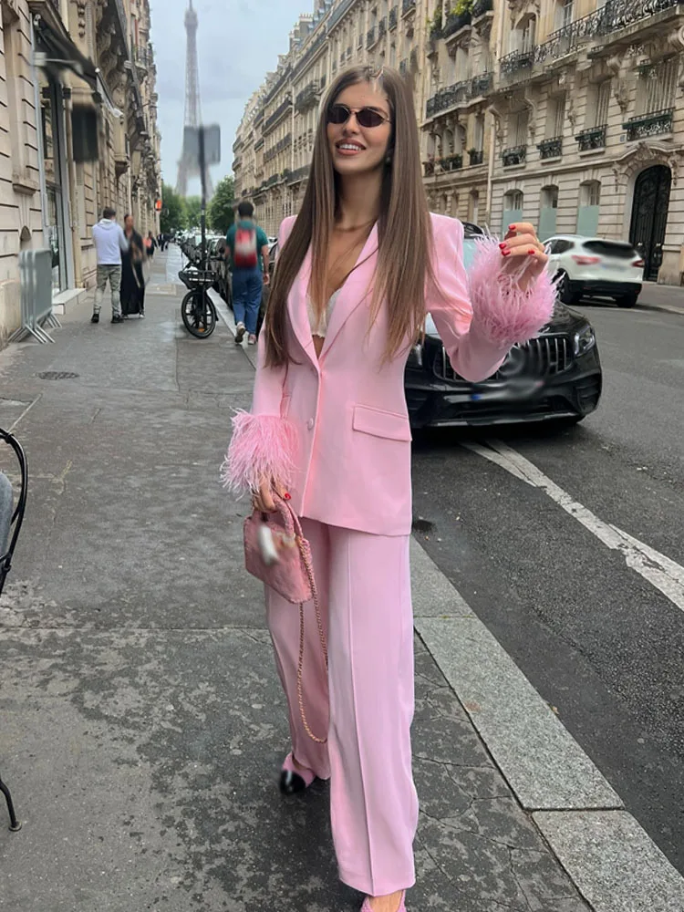 

HH Women Fashion Sets Pink Turn-Down Collar Long Sleeves Single-Breasted Feather Blazer+High Waist Pocket Zipper Long Pants