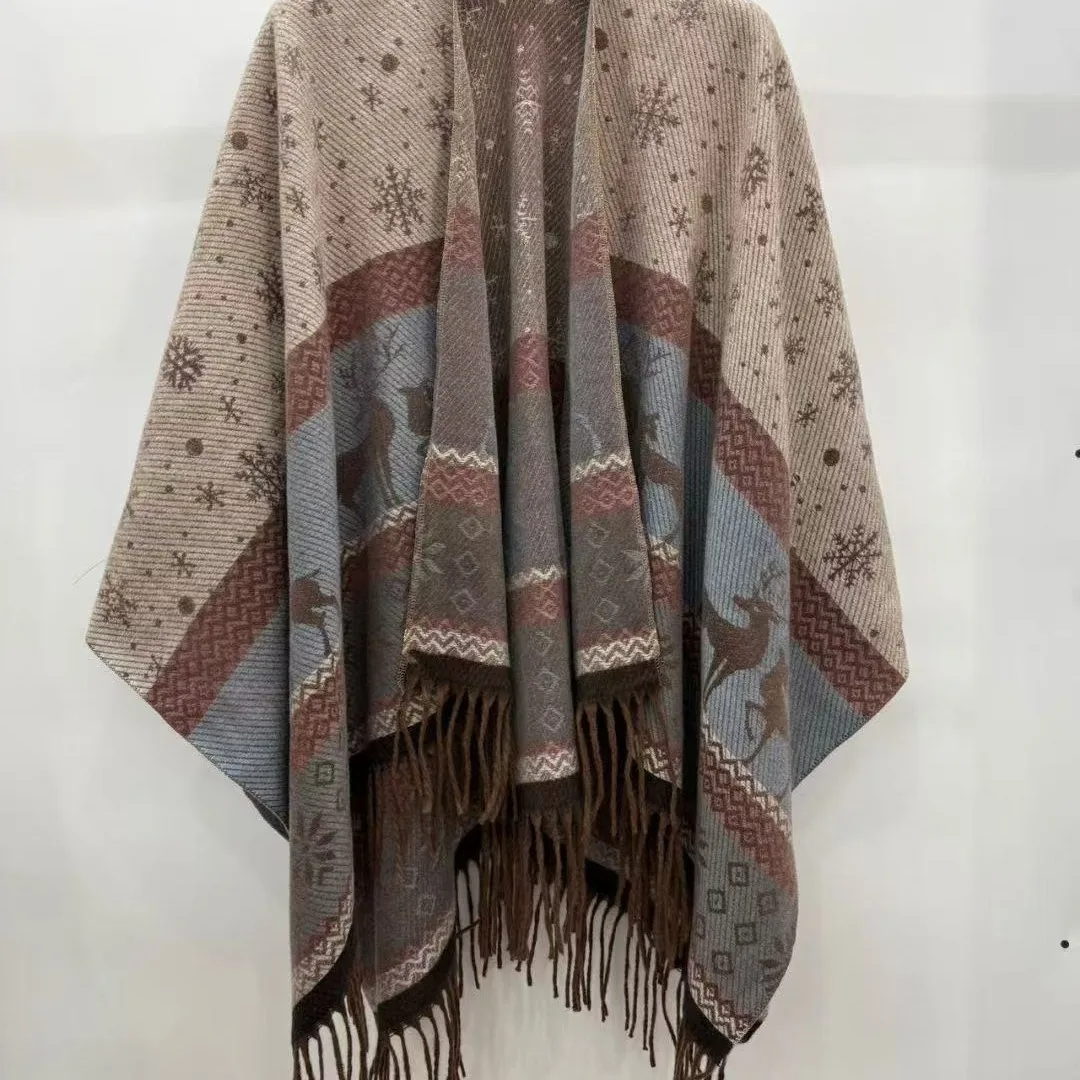 Autumn and Winter Double-sided Ethnic Style Shawl with Split Design Travel Photography Warm and Thick Cloak Cold Protection P1