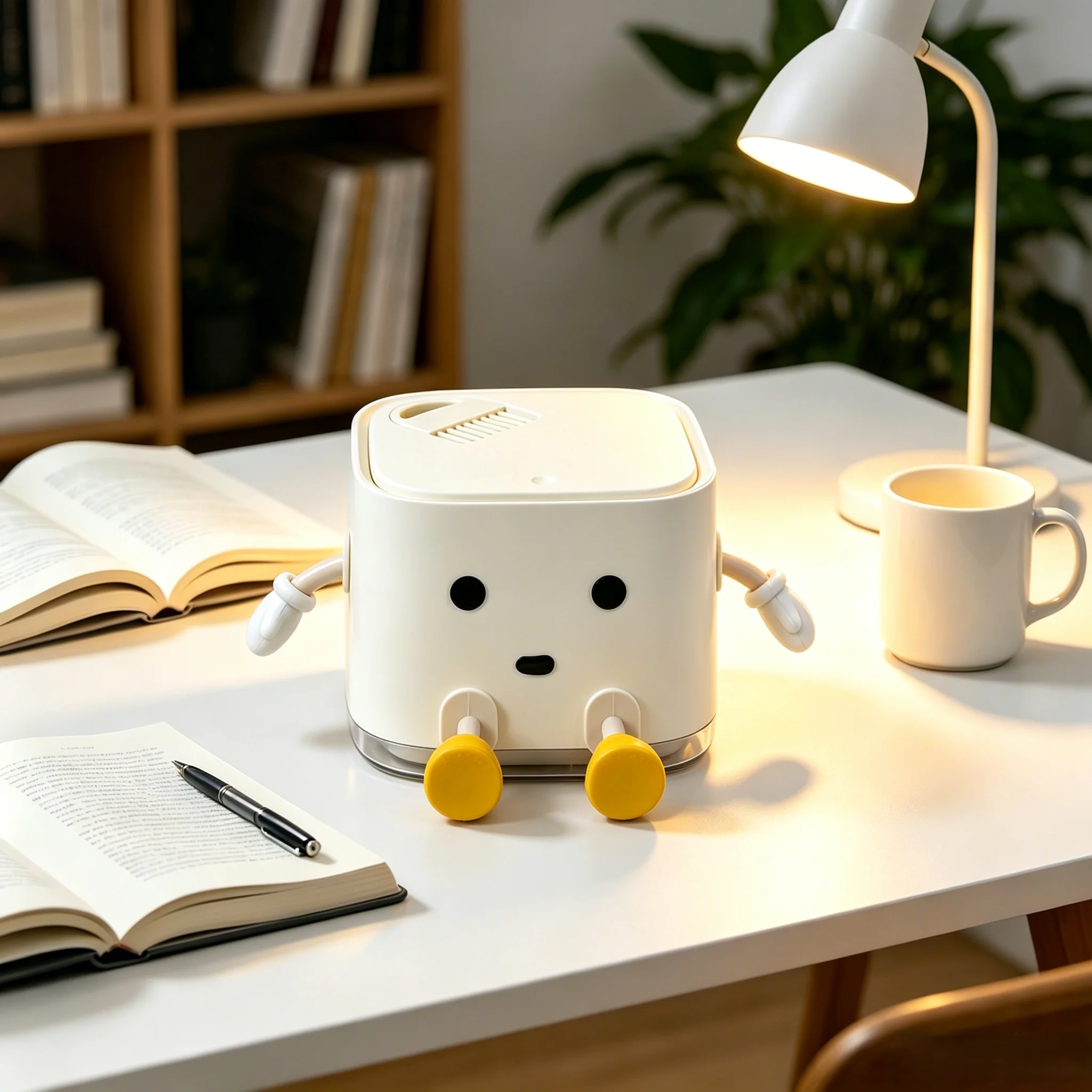 Cute Sitting‑Figure Desktop Waste Bin with Cleaning Brush, Press‑Top Lidded Decorative Trash Container for Office Desk, Bedroom Vanity & Dorm Tabletop