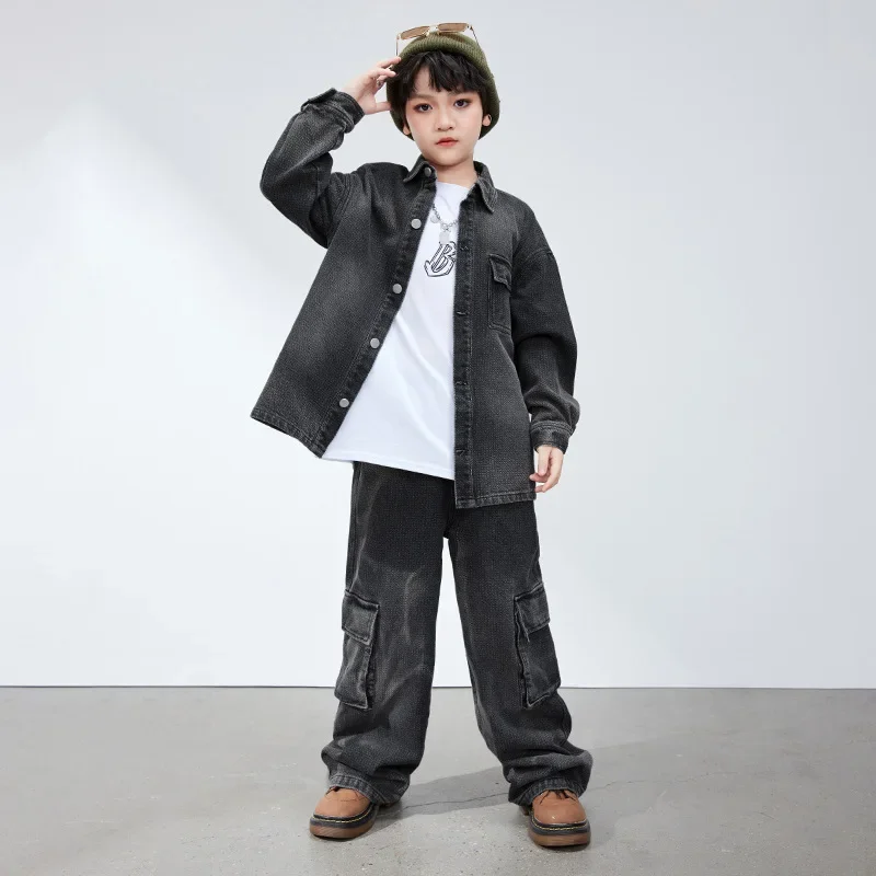 Kids Boys Streetwear Hip Hop Loose Casual Long Sleeve Denim Shirts Jeans 2 Pieces Sets Teens Girls Coat Pants Children Clothes