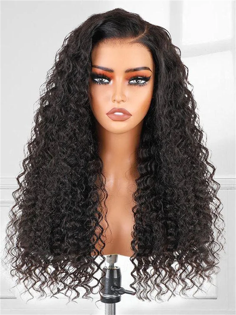 

Long 26Inch Natural Black Soft Glueless Kinky Curly Lace Front Wig For Women With Baby Hair Synthetic Preplucked Heat Resistant