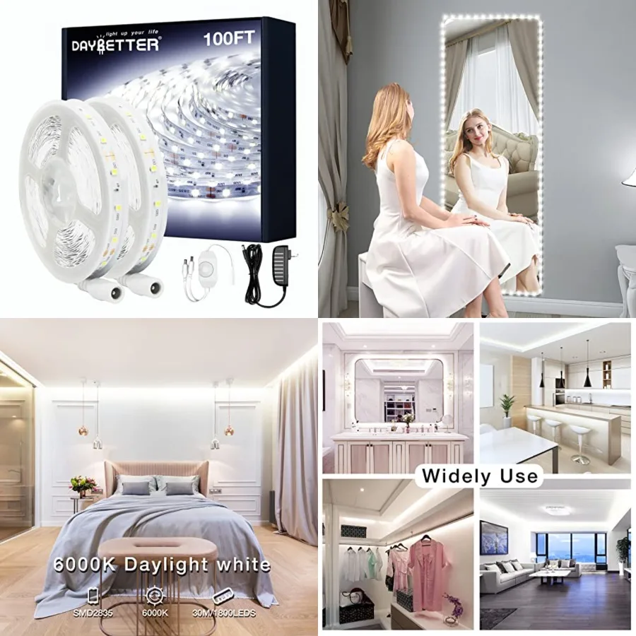 

White LED Strip Light, 100 Feet Dimmable Strip, 6500K 24V Lighting Strips, 1800 LEDs 2835 Tape Lights for Bedroom, Kitchen, Mir