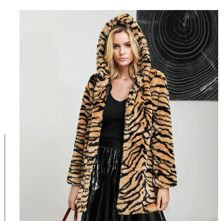 Winter Women's Long Coat Fur Collar Simulation Fur Outerwear Large Tiger Pattern Hooded Mid-Length Fashionable Outerwear