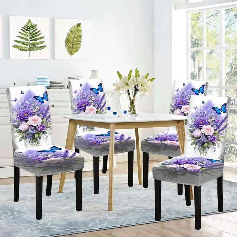 

2D Flat Print Chair Cover Purple Pink Rose Blue Print Restaurant Chair Cover Removable and Washable for Families Hotels Banquets