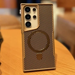 Carbon Fiber Magnetic Phone Case For Samsung Galaxy S25 Ultra Plus Metal Aluminum Stand Phone Cover For Samsung S24 S23 S22ULTRA
