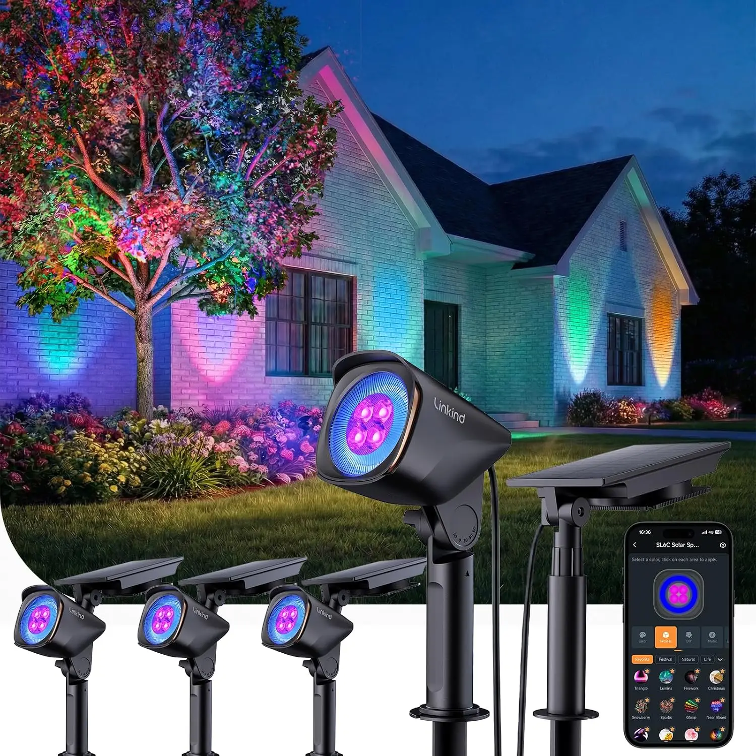Solar Lights Outdoor Waterproof SL6C Dual Ring Tree Spotlight Solar USB Charging Spotlights Color Changing Light Tree Yard Lands