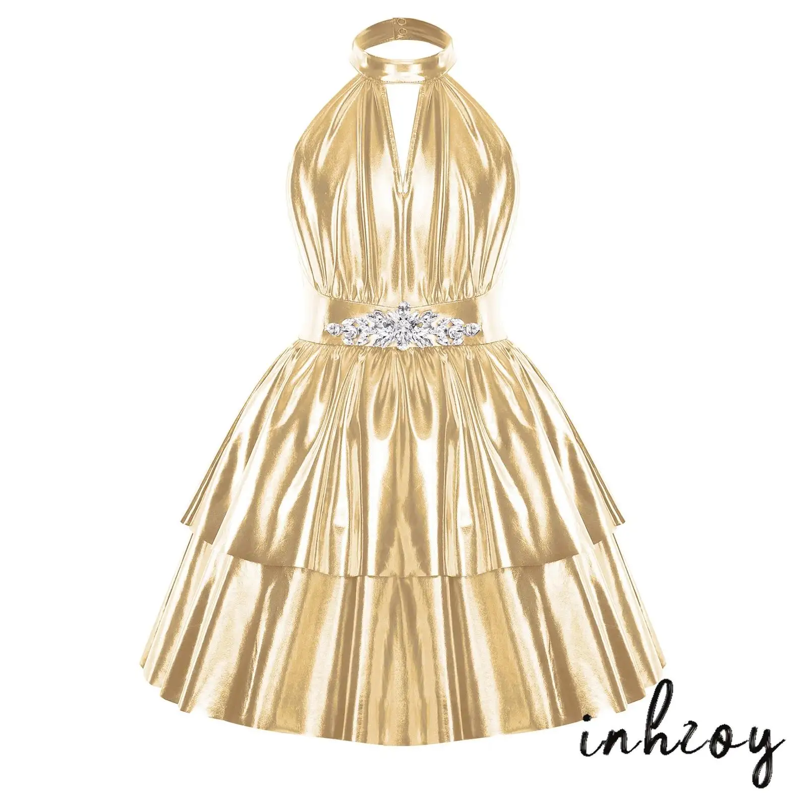 

Kids Metallic Shiny Party Gown Girls Rhinestone Decor Halter Sleeveless Tiered Hem A-line Dress Elegant Jazz Dance Dress Costume