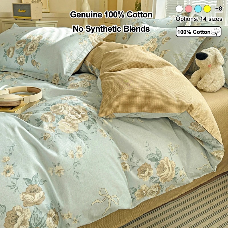100% Cotton Duvet Cover Set, Floral Printed Duvet Cover with 2 Pillowcases, Soft Breathable Bedding Set for All‑Season Use