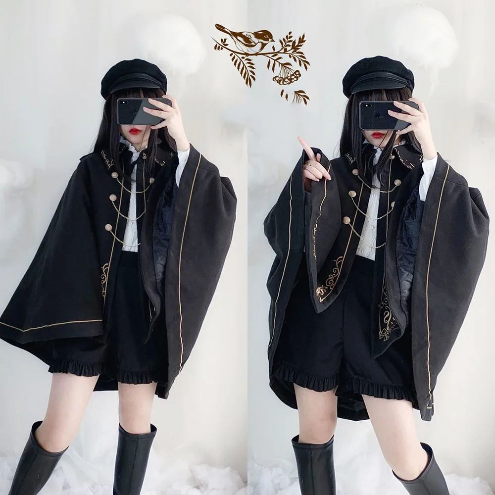 Japanese Harajuku Kawaii Girl Autumn Winter Dark Lolita Cloak Batwing Sleeve Gothic Lolita Coat Retro Victorian Loli Poncho