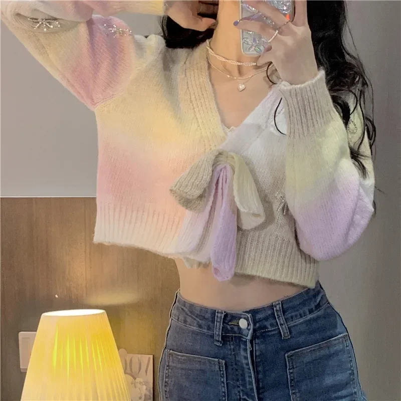 

Sweet Japanese Style Pink Bow Colorful Knit Women Sweaters Korean V Neck Long Sleeve Pullovers New Autumn Winter Elegant Jumpers