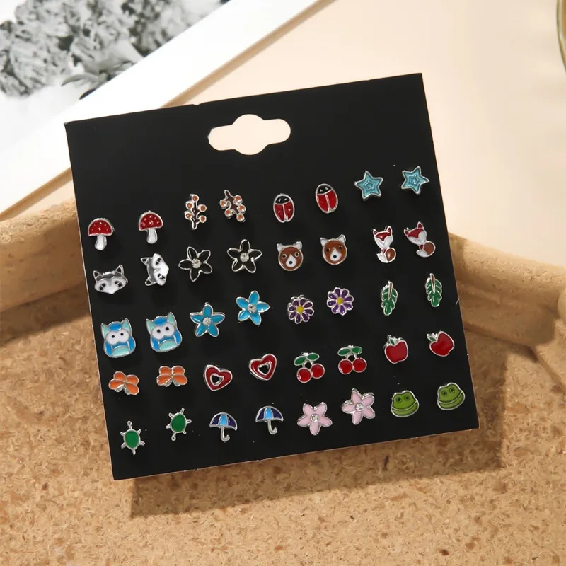 2024 20Pairs/Set Colorful Cartoon Heart Flower Earrings for Women Girls Simple Delicate Owl Fox Cherry Metal Geometric Earrings