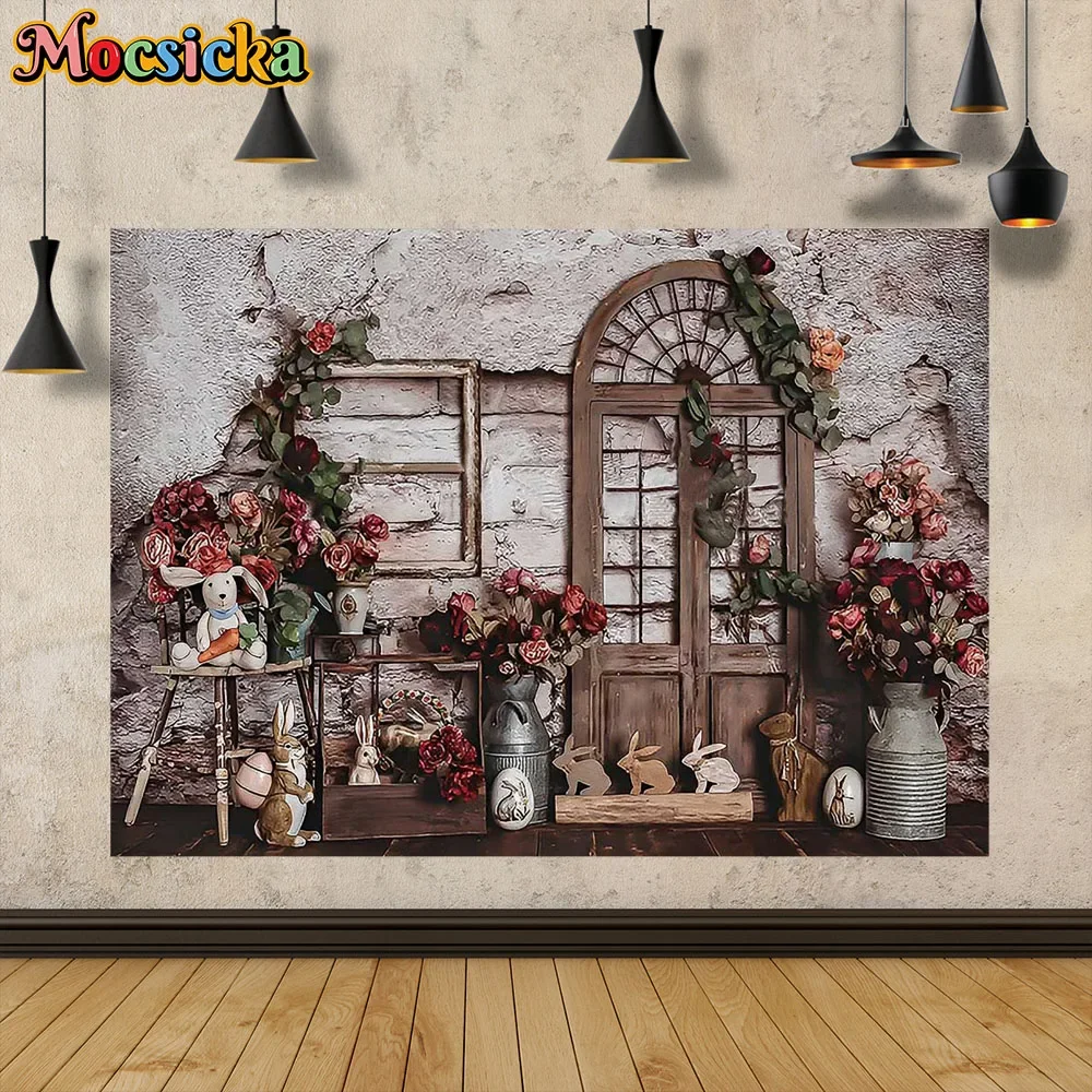 

Art Damaged Retro Wall Wooden Door Decoration Background Red Rose Toy Rabbit Easter Photographic Backdrop Children Photo Props