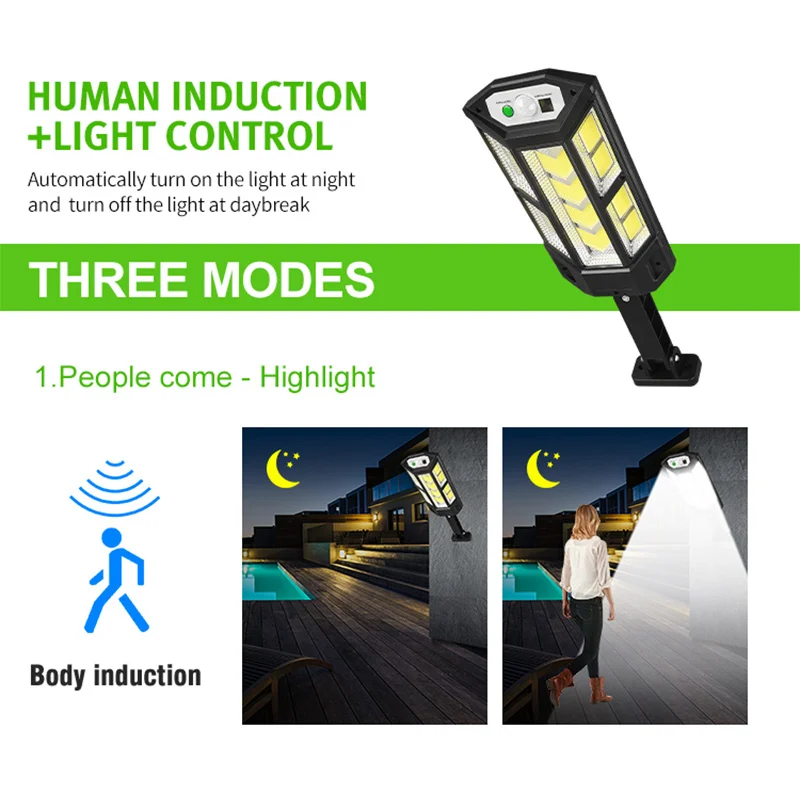 Solar Street Light Outdoor Wireless COB Solar Security Wall Light Motion Sensor with 3 Lighting Modes Remote Control Street Lamp