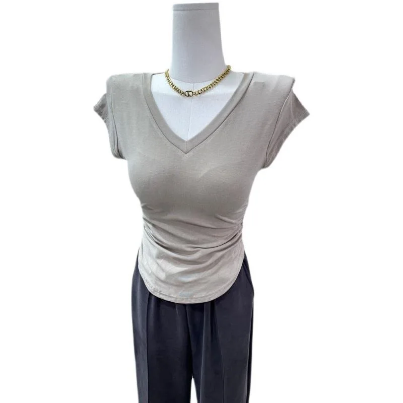 Basecoat Top Summer Simple Versatile V-neck Short Sleeve T-shirt Women Korean Fit T-shirt