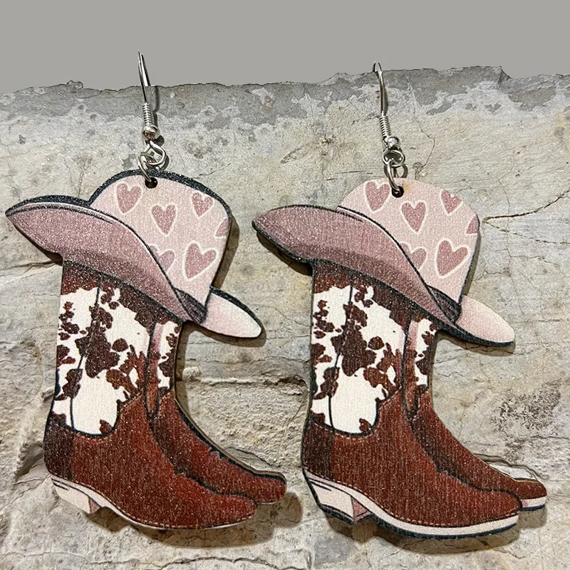 Boucles d'Oreilles en Bois de la Journée de Léon, Ajourées, pour les Abonnés Jules, Bottes Western Cowboy, Imprimé Léopard, Cadeau, Vente en Gros, Nouvelle Collection