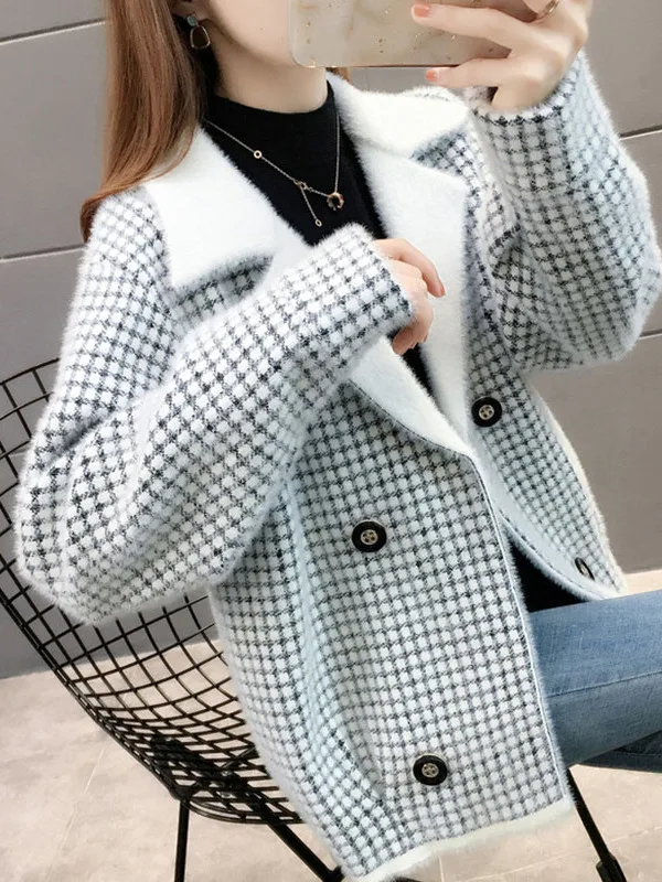 Autumn Winter Women's Short Knitted Sweater Plaid Fake  Fur Jacket Trendy Open Cardigan Loose Fit Long Sleeve Button up