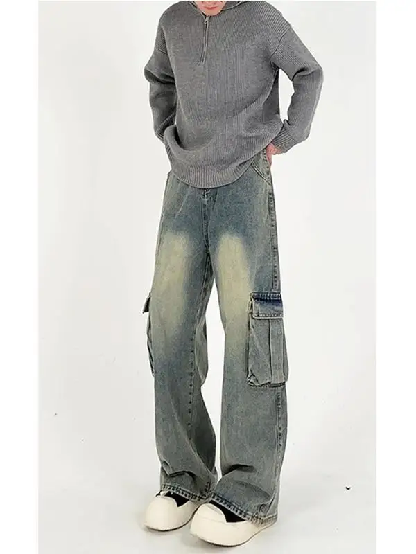 

Waed Спецодежда Sle Мужские джинсы Осень Зима Американский Ретро Модные High Street Свободные прямые широкие брюки