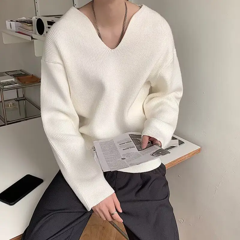 

Loose Casual ort V-Ne Men's Sweater Autumn Winter Student Couple Sle Knitted Top Soft Cotton Long Sve Sweatirt