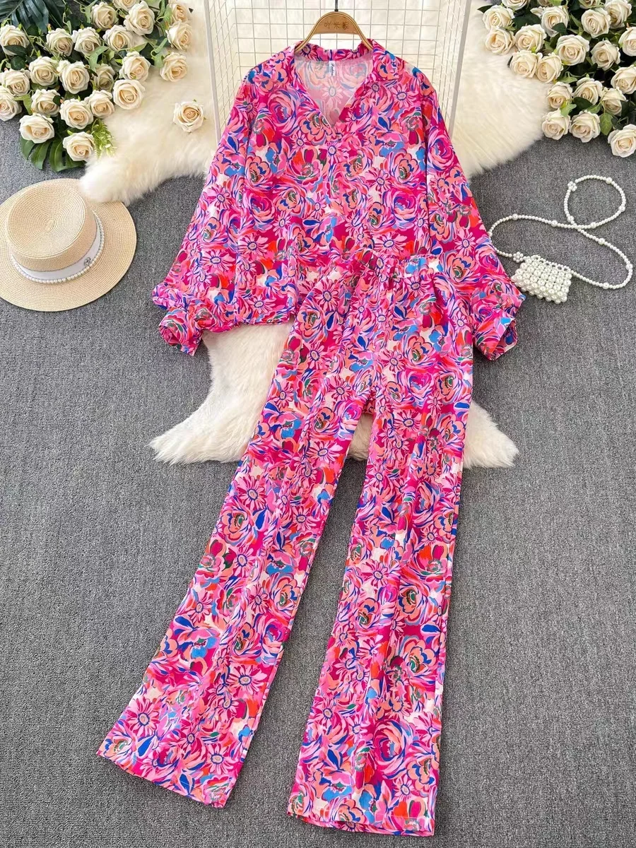 2024 New Spring Autumn Women Gorgeous Floral Pants Suit Long Sleeve Shirt And High Waist Wide Leg Long Pants Two Piece Set