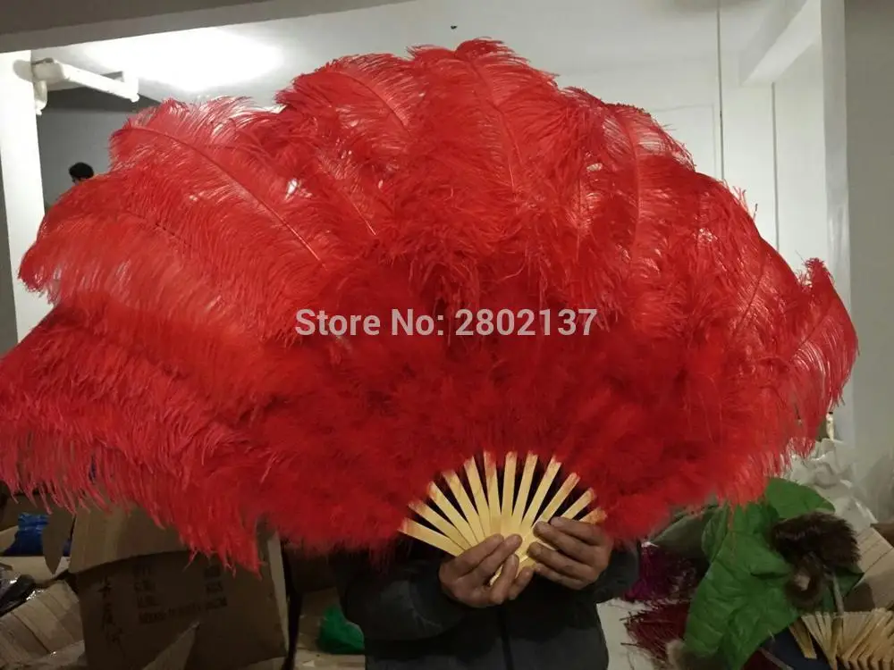 Big Ostrich Feathers Fan With Bamboo Staves for Belly Dance Halloween Party Ornament Decor Necessary, 13 bones