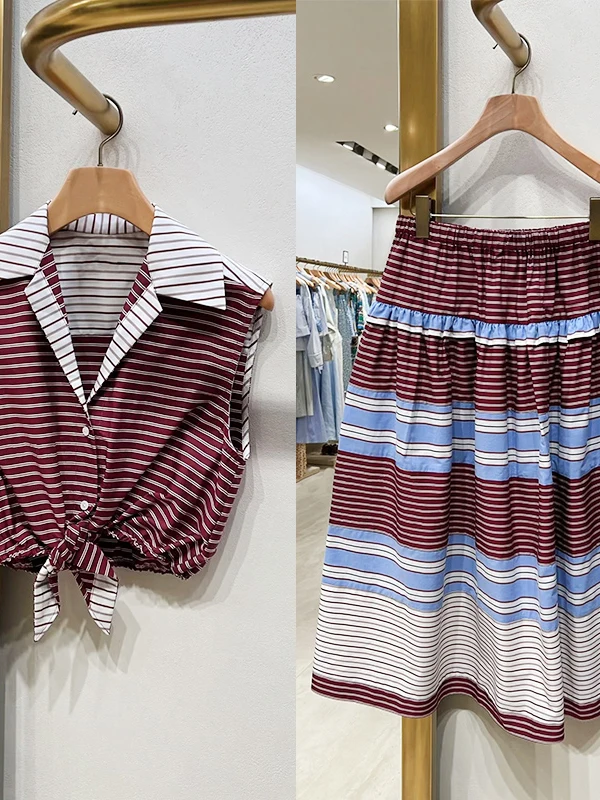 

Summer New Arrival Striped Sleeveless Collared Knot Top A-Line Long Skirt Set Women's Fashion Ensemble Short Length No Brand