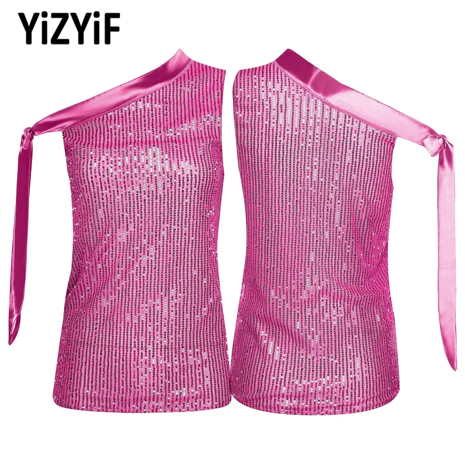 

Girls Fashion Jazz Dance Vest Girl Shiny Sequin Sleeveless Irregular Shoulder Ribbon Lace-up Tank Tops Kids Performance Clothing