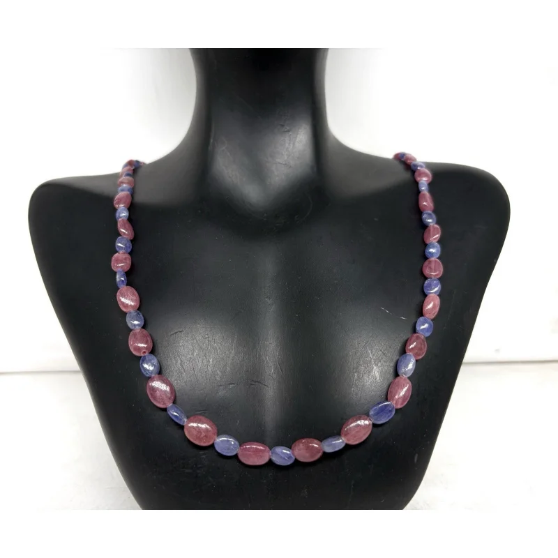 

Ожерелье из рубина и танзанита, 20 дюймов, овальные гладкие бусины 8–10 мм, стерлинговое серебро