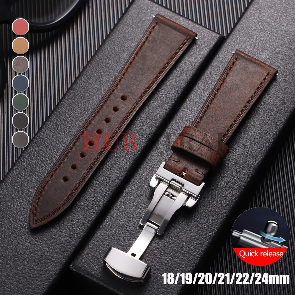 Bracelet de montre en cuir vintage 18/19/20/21/22/24 mm avec boucle papillon, sangle en cuir de vachette pour Omega, bracelet de poignet pour Seiko