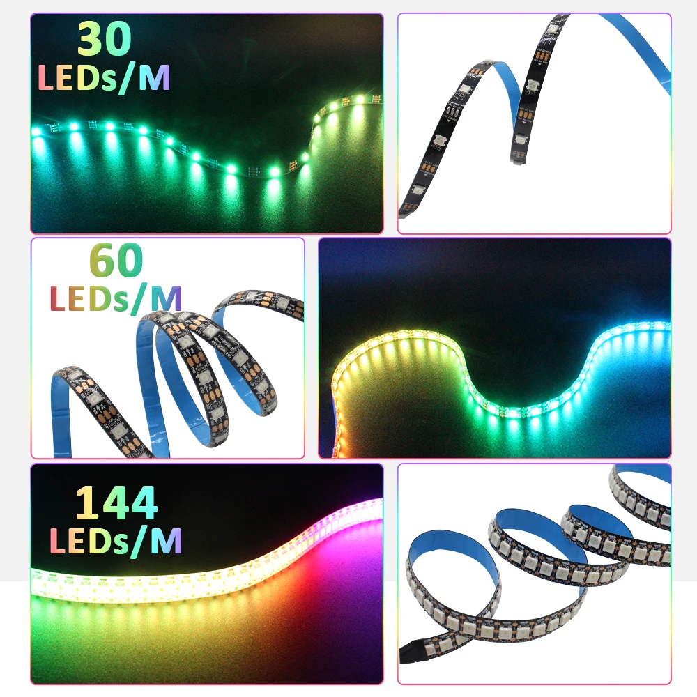 WS2812B RGBIC LED Strip Light 30/60/144leds/M RGB Pixel Full Color Strip Light Black/White PCB Waterproof IP30 IP65 IP67 DC5V