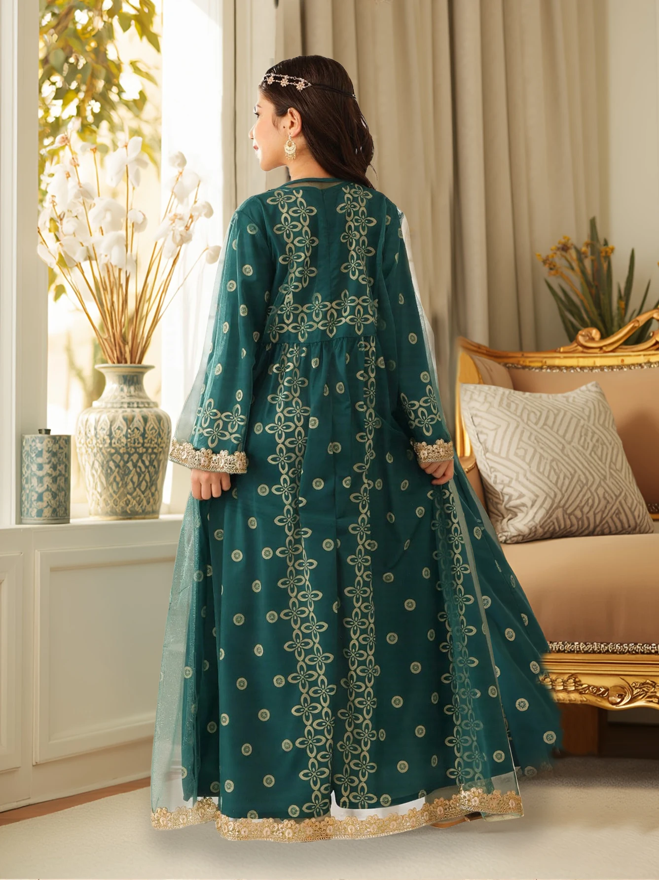 Girls Arabian Embroidered Dress Set 4-8Y, Dark Green Gold Print Long Sleeve Kaftan, Kids Holiday Party Gown