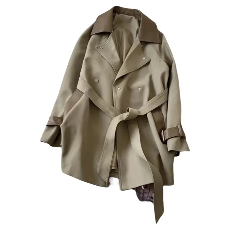 

Windbreaker Coat Women's 2025 Spring Autumn New Contrast Fashion Waistband Outerwears Overcoat Mid-Long Trench Coat Female