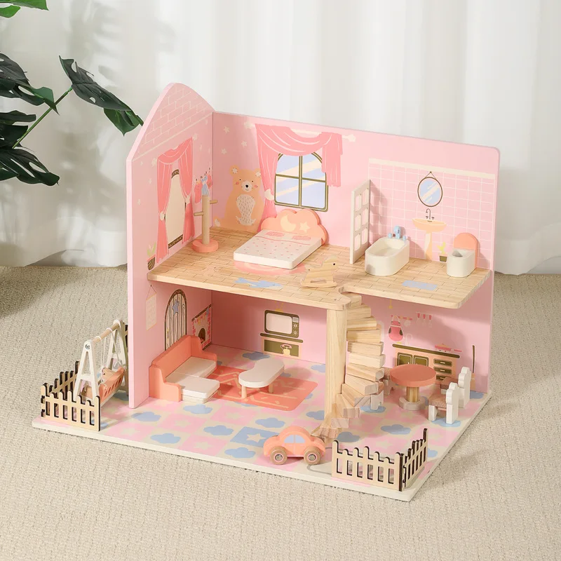 Children Toy Puzzle Wooden Diy Pink Doll House Kit Miniature Dollhouse Accessories Furniture Montessori Board Games Girls Toys