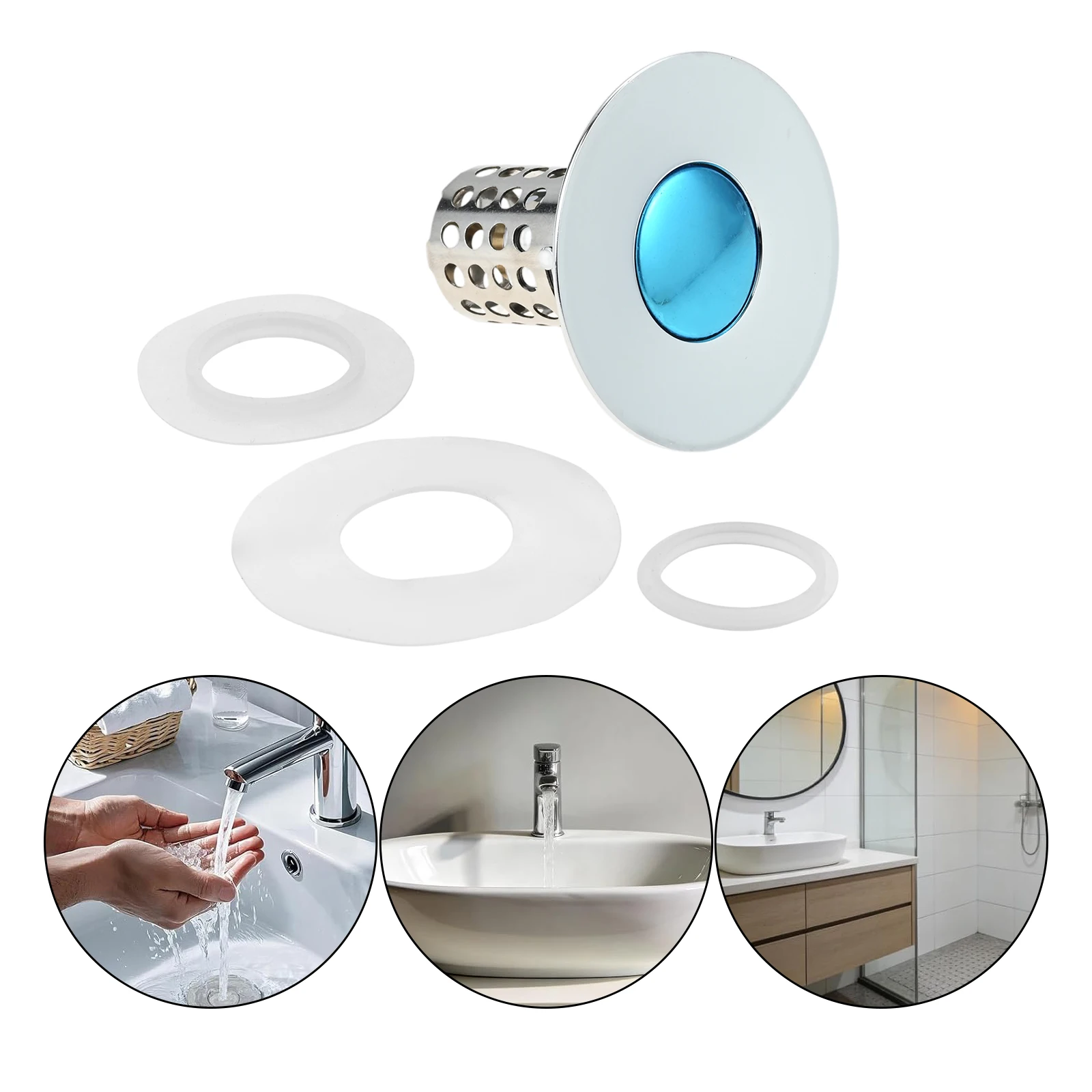 1set 3-in-1 Bathroom Sink Plug fit 24mm-43mm Drain Holes Steel Body Copper Core with Anti-clogging Basket Press-type Basin Plug