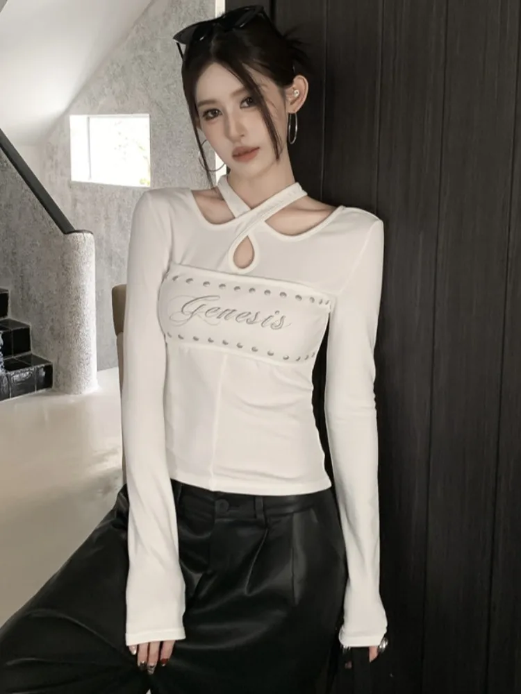 

Women's Long Sleeve T-Shirt Letter Embroidery Hollow out Cross Neck Design Sexy Base Layer Top for Winter Skin Friendly Breat...