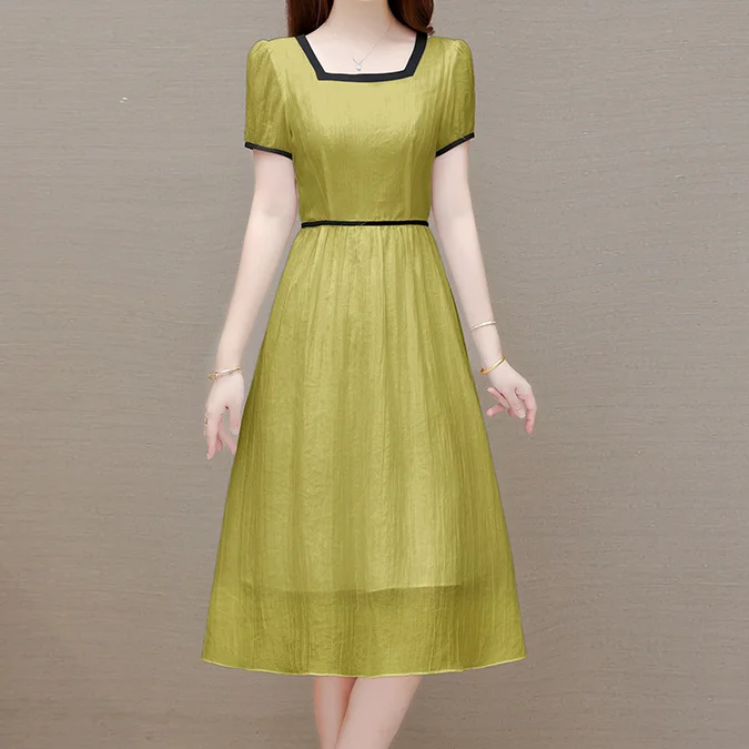 שמלת צוואר מרובעת בצבע אחיד לנשים, סגנון חדש לקיץ, מחזיקה במותן ומחטבת את המותן, אורך בינוני, חצאית A-line