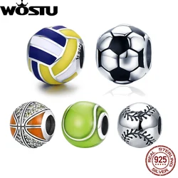 WOSTU 925 Sterling Silver Charm Tennis Ball Volleyball Football Bead Pendant Fit Original Bracelet Necklace For Women Jewelry