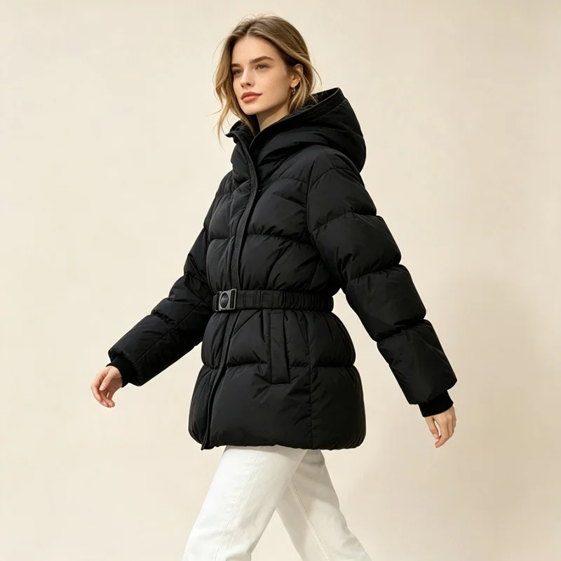 Schinteon Women White Down Jacket with Hood Solid Color Fashionable Autumn Winter Warm Outwear Parka Belt 2026 New Real Pictures