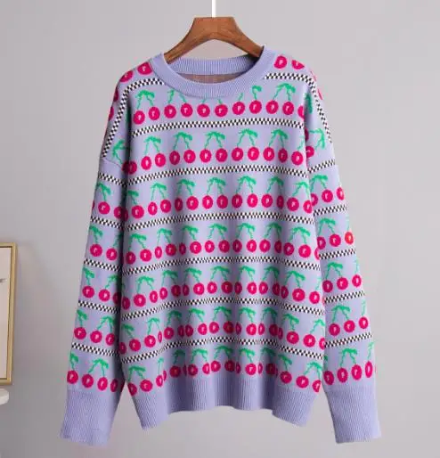 Winter 2025 Vintage Knitted Cherry Jacquard Round Neck Sweater for Women, Casual and Cute Loose Long Sleeved Knitted Sweater