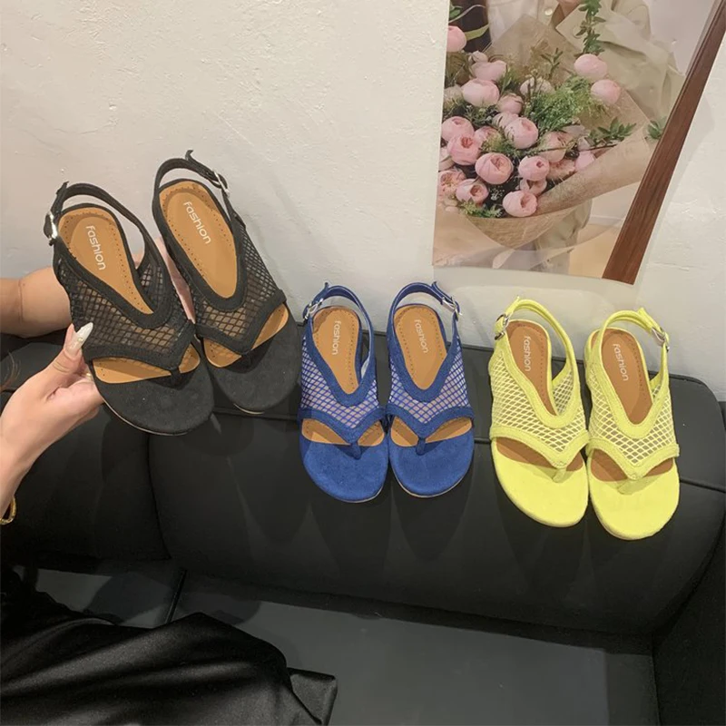 Fishnet Slingback Thong Sandals Woman Brand Design Summer Mesh Net Gladiator Shoes Ladies Chic Buckle Strap Flip Flop Flat Shoes