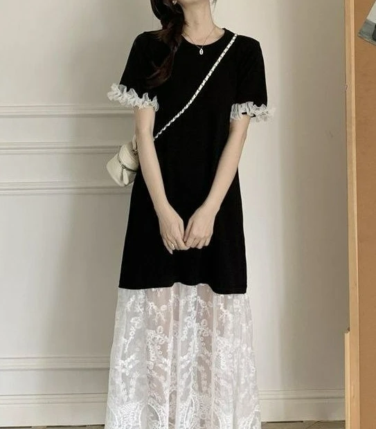 Lace Splicing Dress Round Neck Simple Wear Summer New Loose Straight Look Thin Explosion