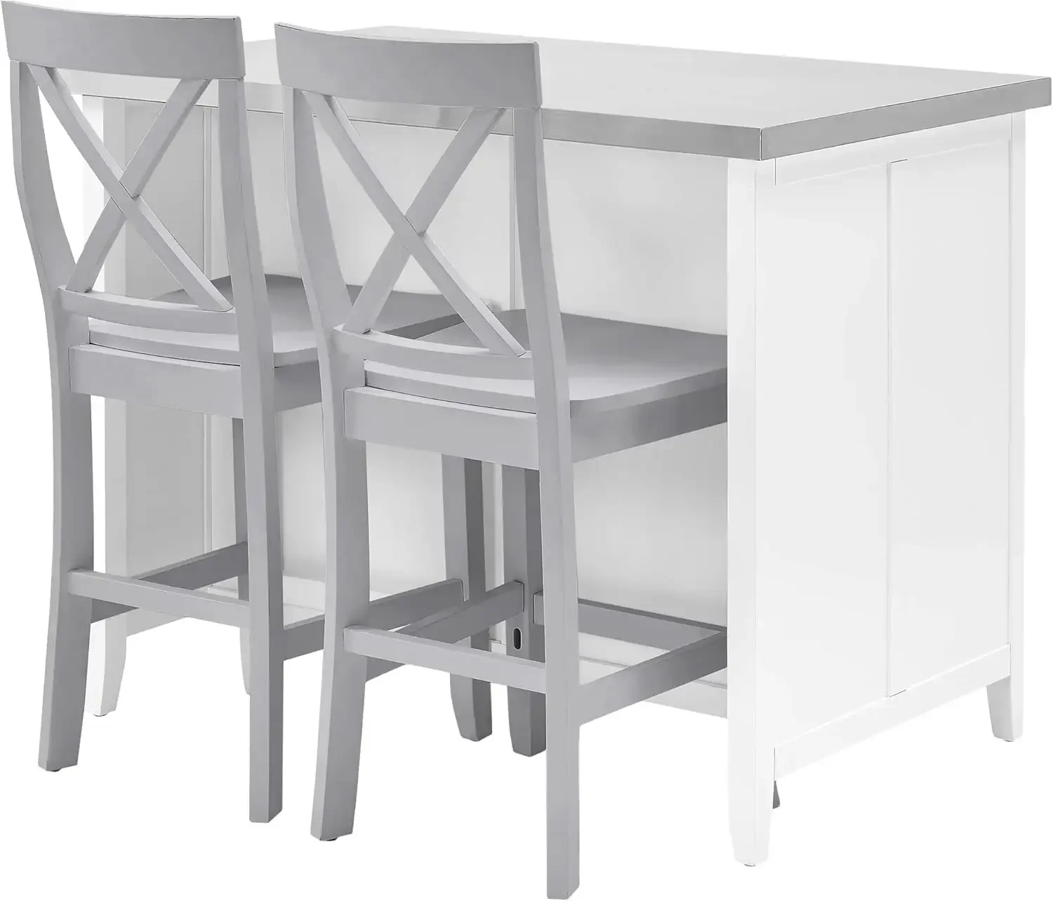 Crosley Furniture Silvia Kitchen Island con tapa de acero inoxidable y taburetes con respaldo en X, blanco/gris