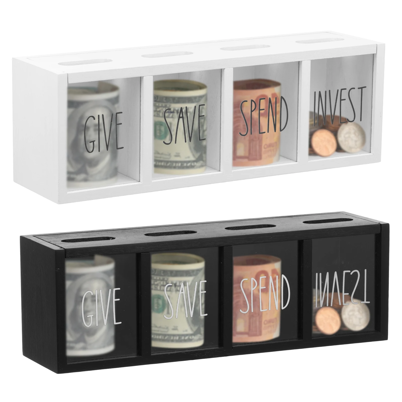 4 Grids Wooden Give Save Spend Invest Money Saving Box Wall Mount Piggy Bank for Daily Cash Bill and Penny Visualized Kid Adults
