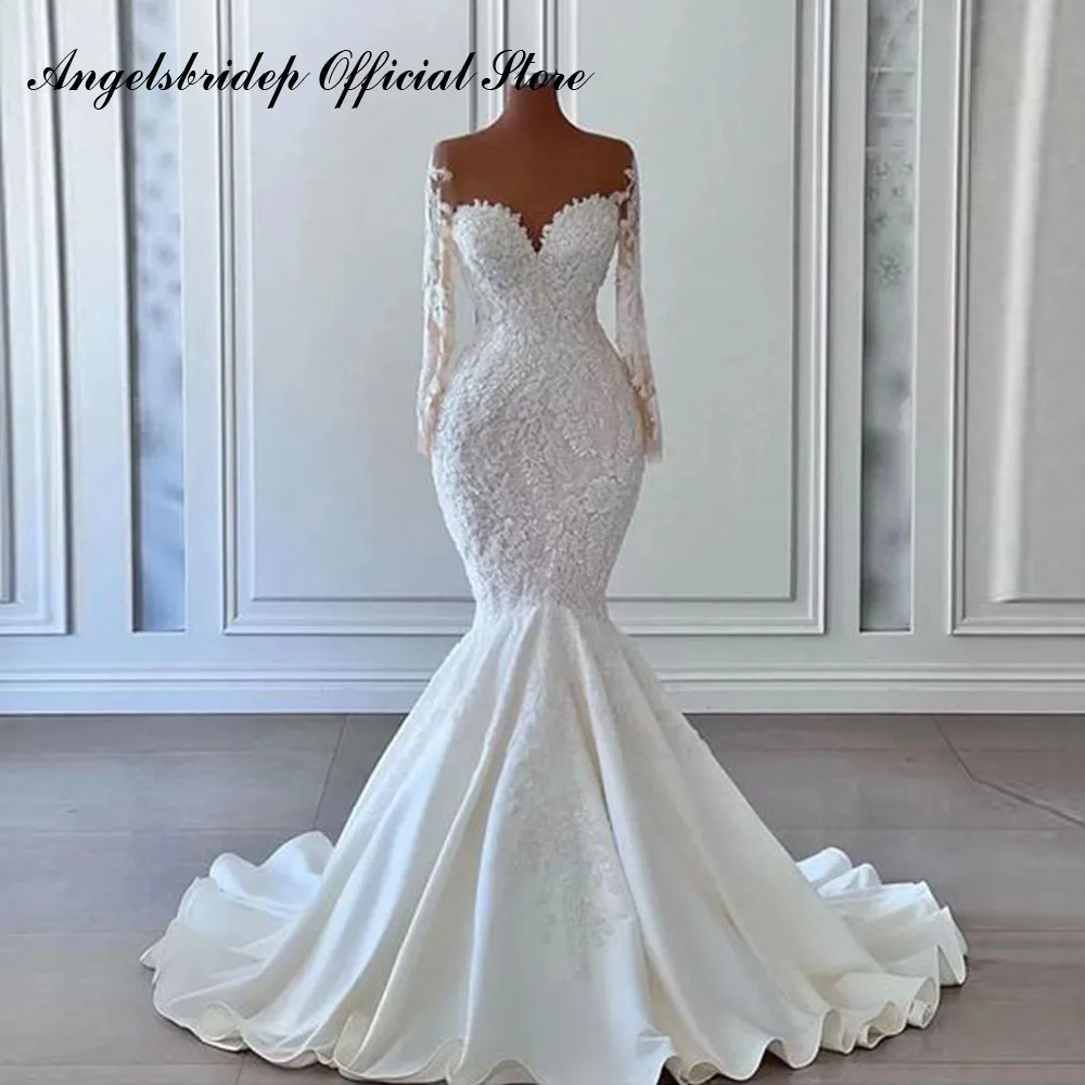 Angelsbridep Boho Memaid Áo Váy Ren Appliques Càn Quét Tàu Tay Áo Dài Cô Dâu Đồ Bầu Áo Dây De Mariée Vestidos De Novia