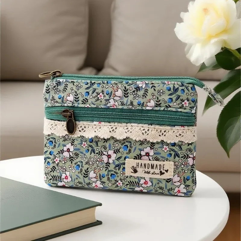 Fresh Pastoral Style Floral Double Pull 4-layer Cotton Change Bag, Girls Coin Silver Bag, ID Bag, Card Bag.