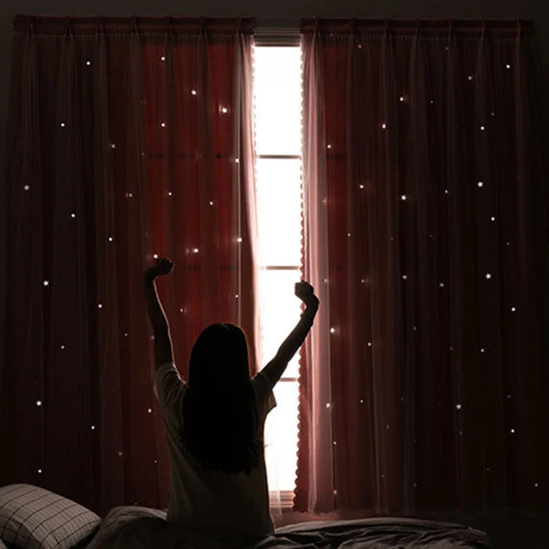 Cortina opaca con correa mágica, cortina de ventana transparente con recorte de estrellas sin perforaciones para sala de estar, dormitorio, TJ1620-2