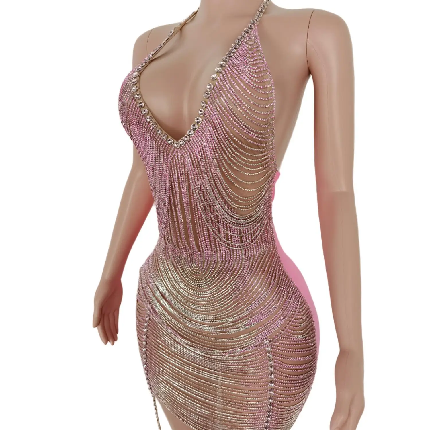 Vestido feminino sexy com decote em v rosa com diamantes, mini vestidos de festa para mulheres, roupas de verão, trajes de bar, novidades, 2023