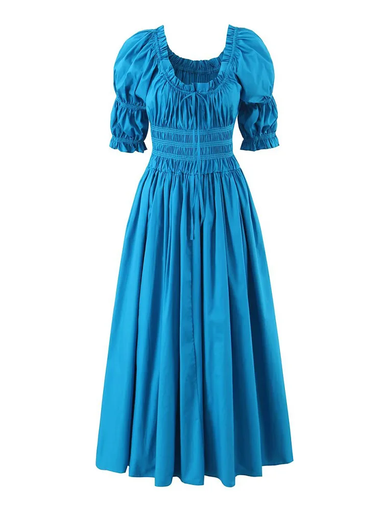 

Женское модное платье в стиле ретро с круглым вырезом, рукавами-фонариками, эластичное, однотонное, с плиссировкой и шнуровкой, весна