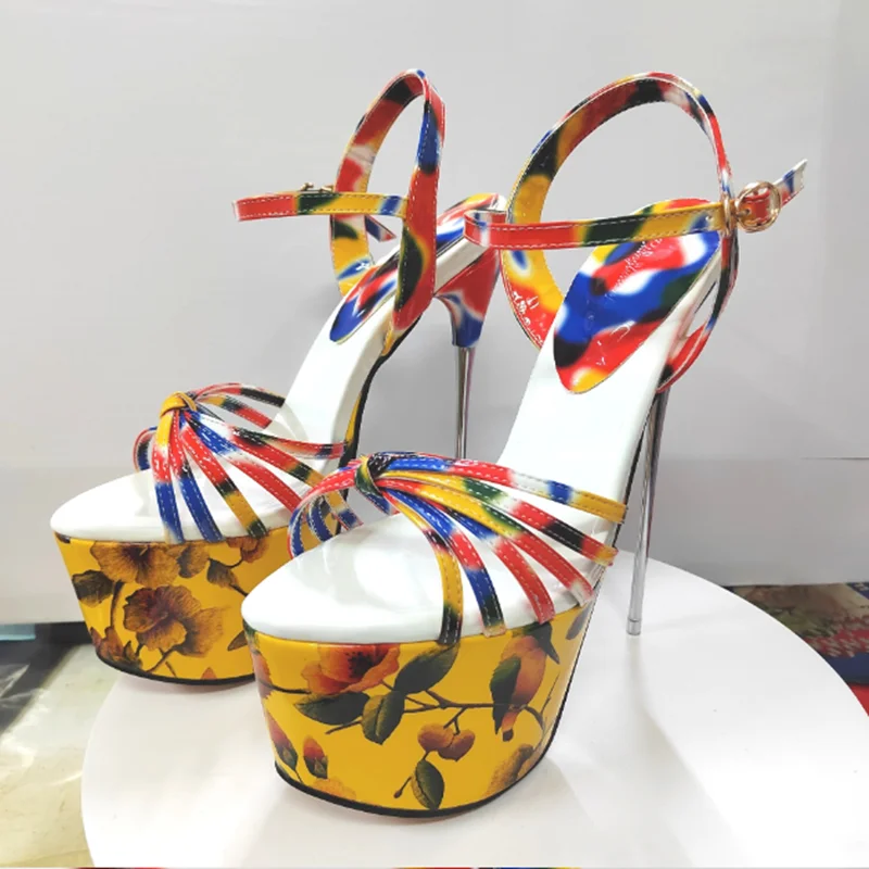 

19cm Super High Heels Sandals Colorful Printed Leather Open Toe High Platform Summer Dance Club Shoes Plus Size Female Footwears