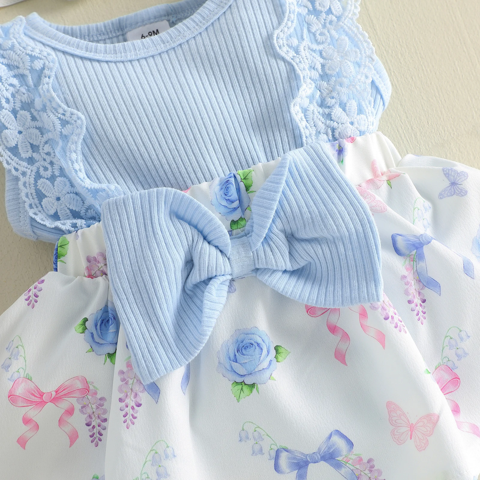 

Baby Girl 2 Piece Outfit Adorable Flower Bow Print Sleeveless Round Neck Romper Dress and Bow Headband Set